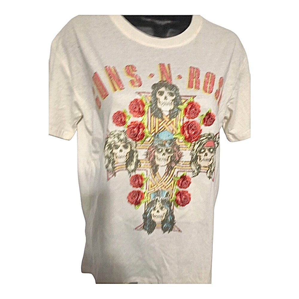 Guns n Roses embroidered red roses band members skulls cream tshirt size medium